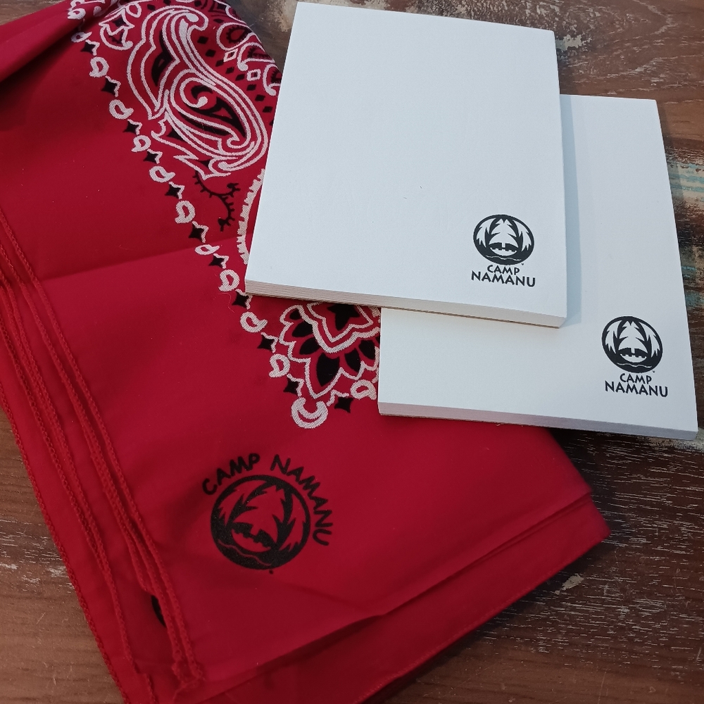 Camp Namanu "ranch" 6 red bandanas & memorabilia (set)